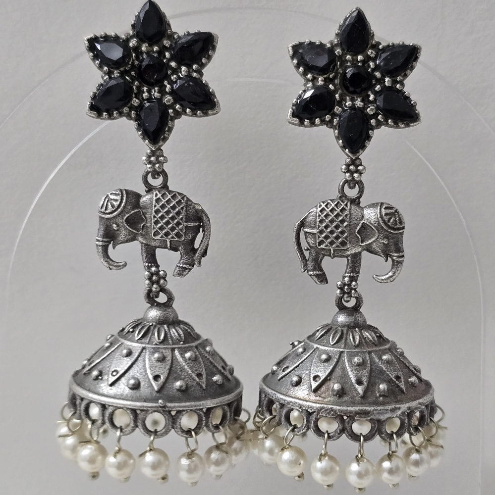 Articulated Silver Onyx Elephant Jhumka Earrings